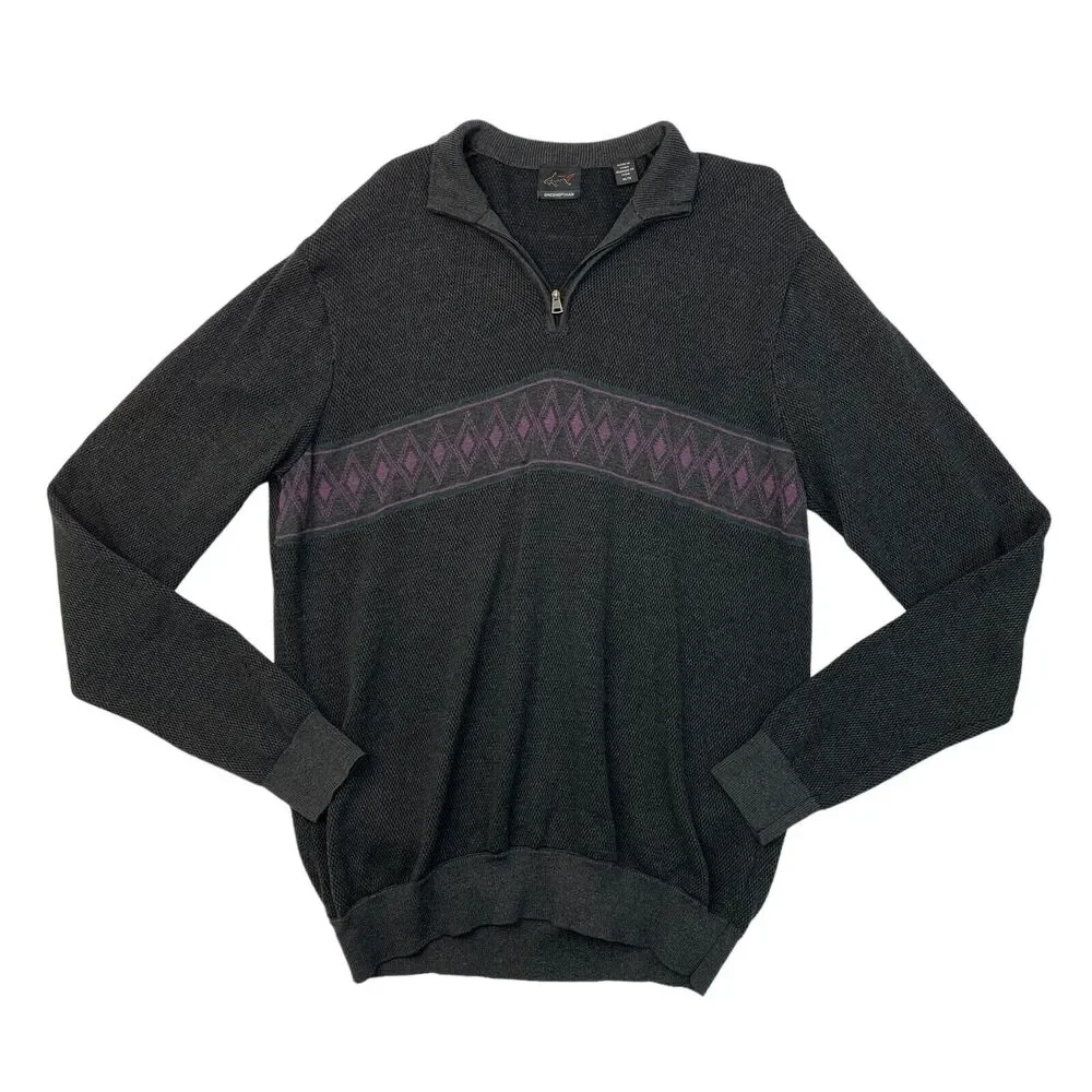 Greg Norman Knit Sweater Mens M Medium Charcoal Diamond Print Cotton Modal Blend
